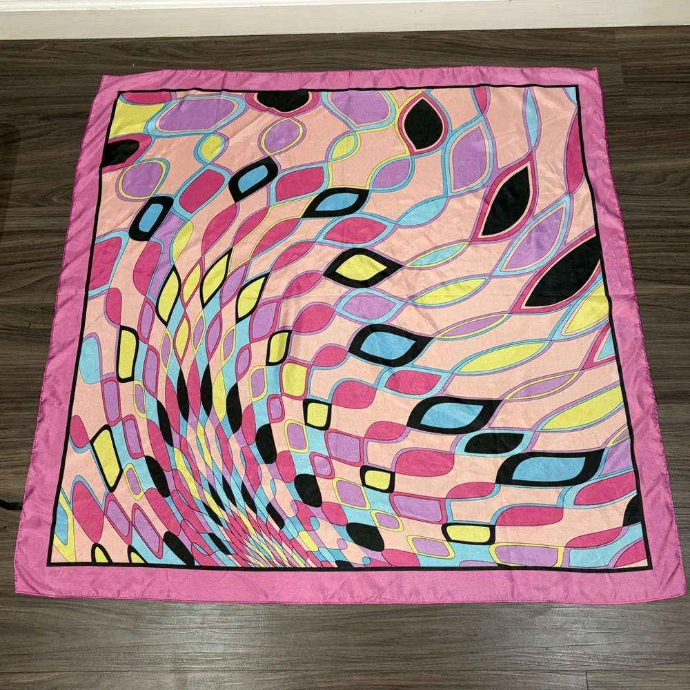 MOSI Large Pink Satin Polyester Scarf Psychedelic Diamond Pattern 35.5 x 35